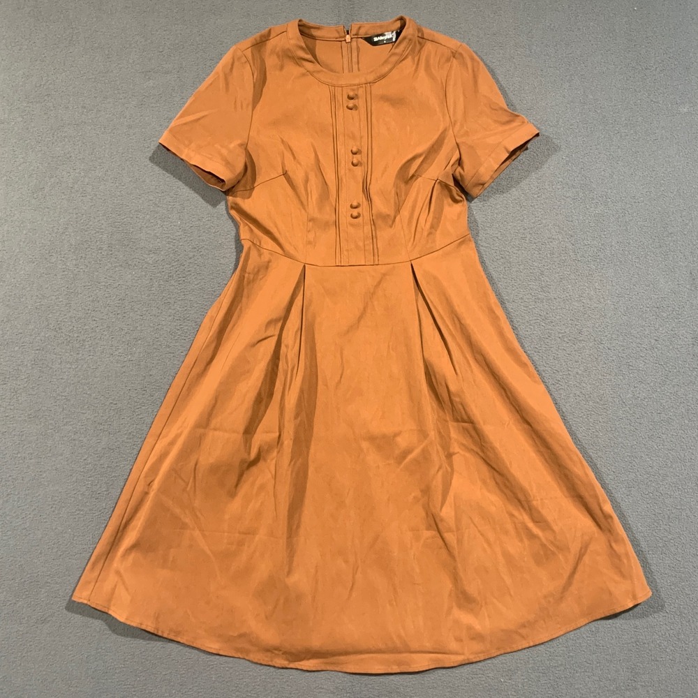 Allegra K Fit & Flare Dress Women Size S Brown Pleated Retro Mod Office Wear